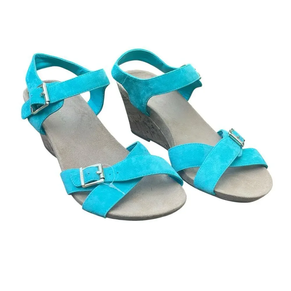 VIONIC Anka Teal Suede Leather Sandal Cork Wedges Size 7